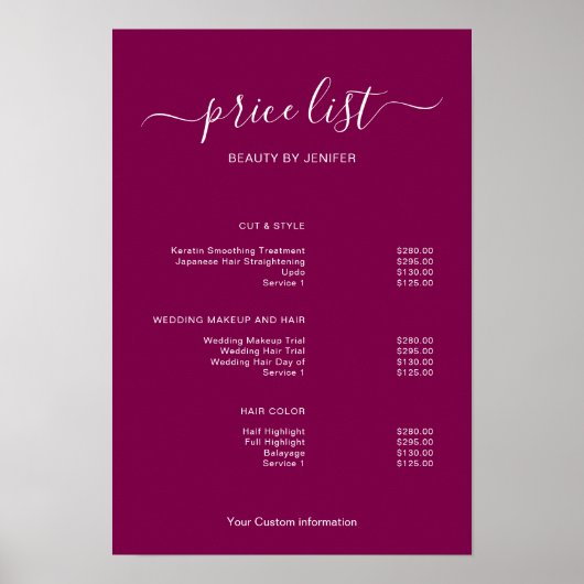 Modern Minimalist Salon Price List Sign for Beauty Poster (Vorne)