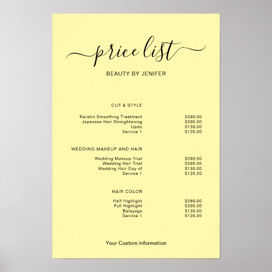 Modern Minimalist Salon Price List Sign for Beauty Poster (Vorne)