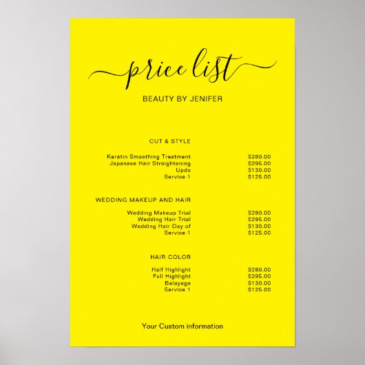 Modern Minimalist Salon Price List Sign for Beauty Poster (Vorne)