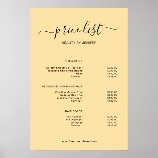Modern Minimalist Salon Price List Sign for Beauty Poster (Vorne)
