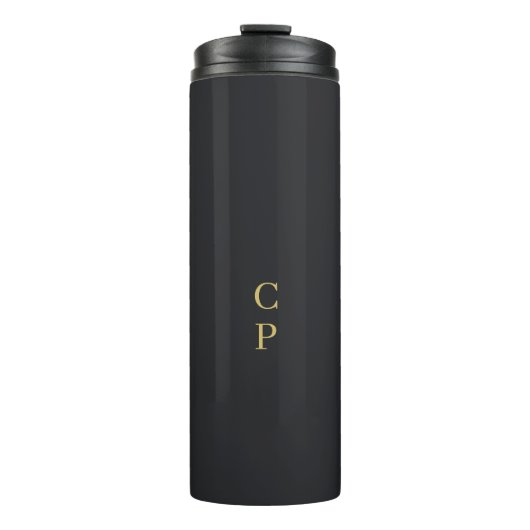 Modern minimalist schwarz & gold farbmonogramm thermosbecher (Vorderseite)