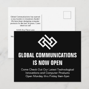 Modern minimalist schwarze weiße Geschäfts-Werbung Postkarte