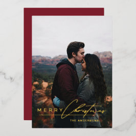 Modern Minimalist Script 1 Photo Red Christmas Folien Feiertagskarte