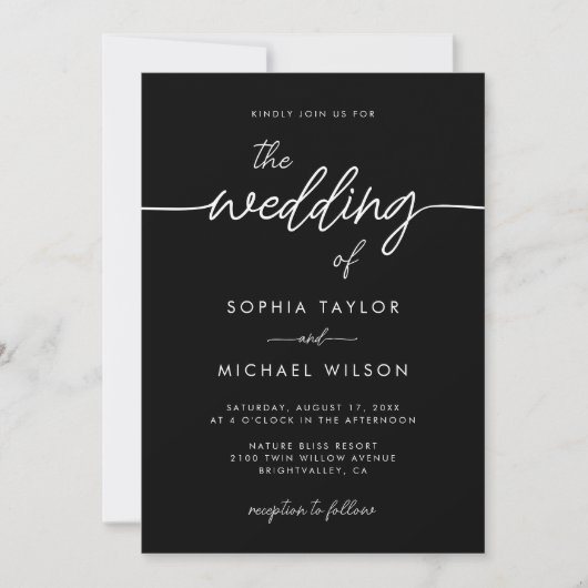 Modern Minimalist Script Black Wedding Einladung (Vorderseite)