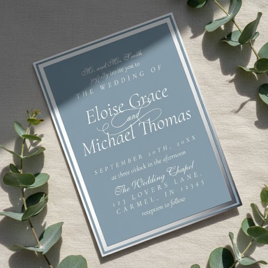 Modern Minimalist Script Dusty Blue Wedding Folieneinladung