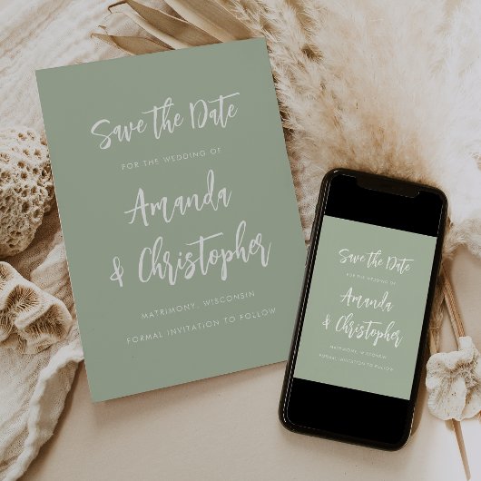 Modern Minimalist Script Sage Green Save the Date Ankündigung