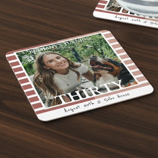 Modern Minimalist Striped 30th Birthday Photo Rechteckiger Pappuntersetzer