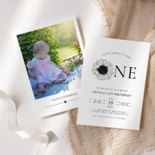 Modern Minimalist Sunflower 1st Birthday Photo Einladung