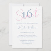 Modern Minimalist Sweet 16 Blue White Birthday Einladung (Vorderseite)
