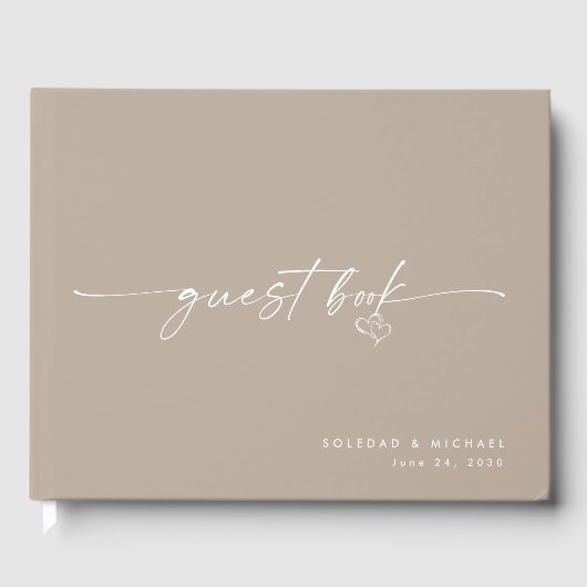 Modern Minimalist Taupe Script Wedding Gästebuch (Vorderseite)