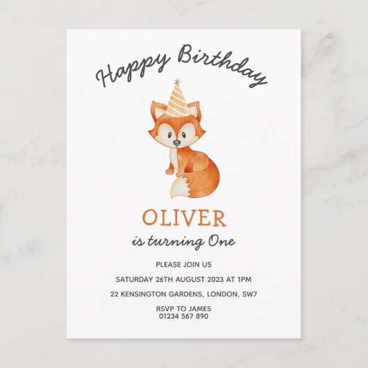 Modern minimalist Wald Fuchs erster Geburtstag Postkarte (Vorderseite)