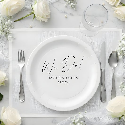 Modern Minimalist We Do! Script Wedding Dinner Pappteller
