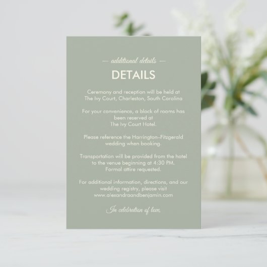 Modern Minimalist Wedding | Sage Green Timeless  Begleitkarte (Stehend Vorderseite)
