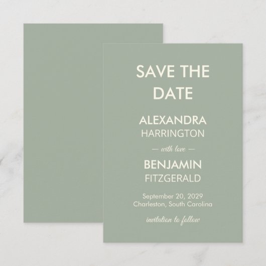 Modern Minimalist Wedding | Sage Green Timeless  Save The Date (Vorne/Hinten)