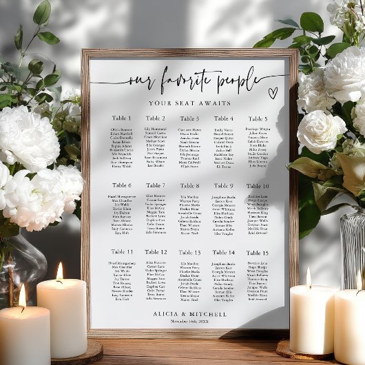 Modern Minimalist Wedding Seating Chart 15 Tables Poster