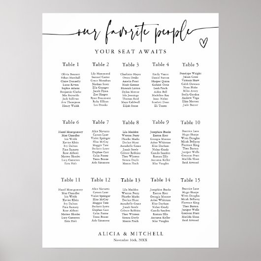 Modern Minimalist Wedding Seating Chart 15 Tables Poster (Vorne)