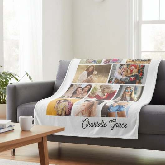 Modern Minimalist White 10 Photo Collage With Name Fleecedecke