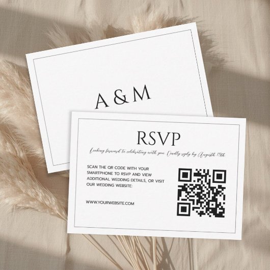 Modern minimalist white black QR code wedding RSVP Karte