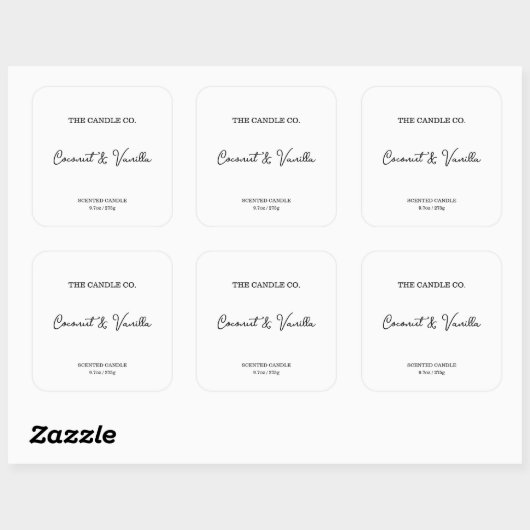 Modern Minimalist White Script Candle Label  Quadratischer Aufkleber (Blatt)