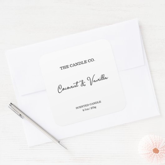 Modern Minimalist White Script Candle Label Quadratischer Aufkleber (Umschlag)