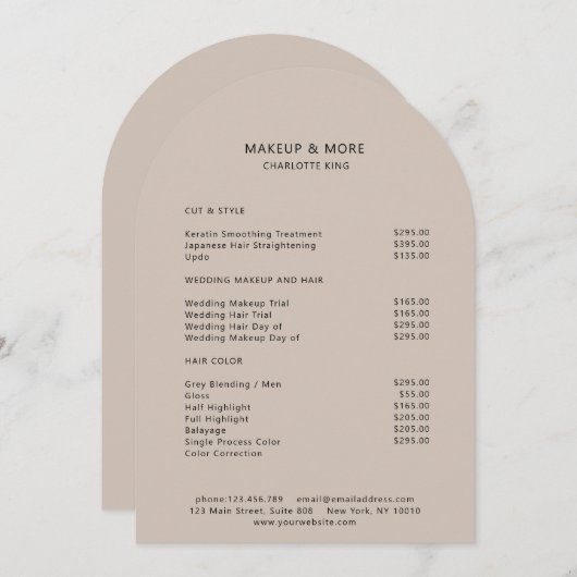 Modern, minimalistisch, beige-braun, Salon-Preisli Einladung (Vorne/Hinten)