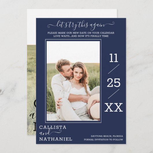 Modern Minimalistisch Navy Blue Foto Monogram Save The Date (Vorne/Hinten)