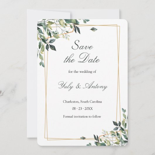 Modern minimalistischer grüner Eukalyptus Save The Date (Vorderseite)