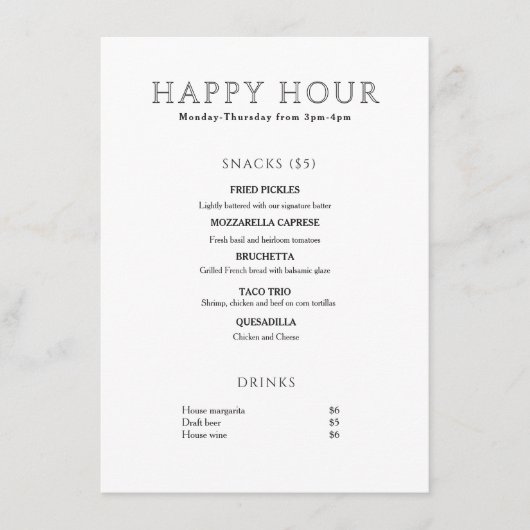 Modern minimalistischer Happy Hour Menükarte (Vorderseite)