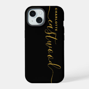 Modern minimalistisches goldenes Monogramm Schwarz iPhone 15 Hülle