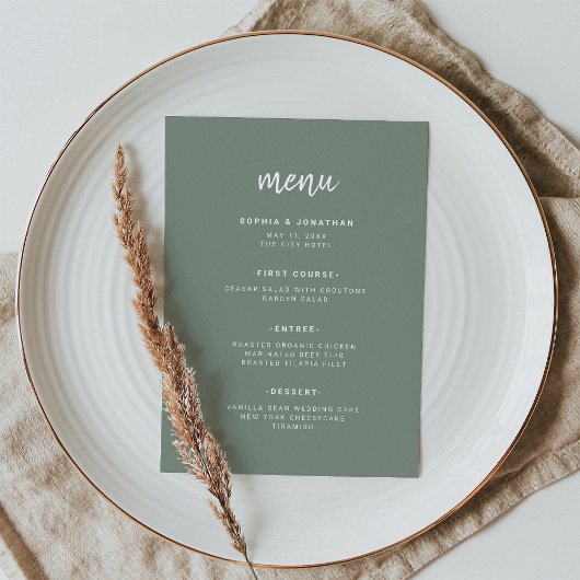 Modern Minimalistisches Script-Sage Green | Hochze Menükarte