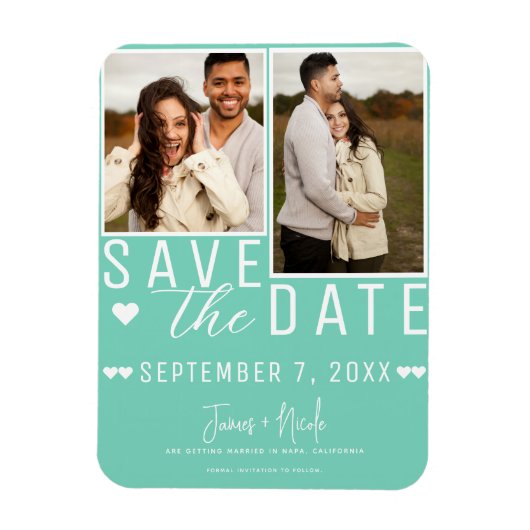 Modern Mint Green Save the Date 2 Foto Hochzeit Magnet (Vertikal)