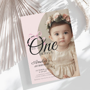 Modern Miss Onederful Pink Bow 1. Geburtstag Foto Einladung