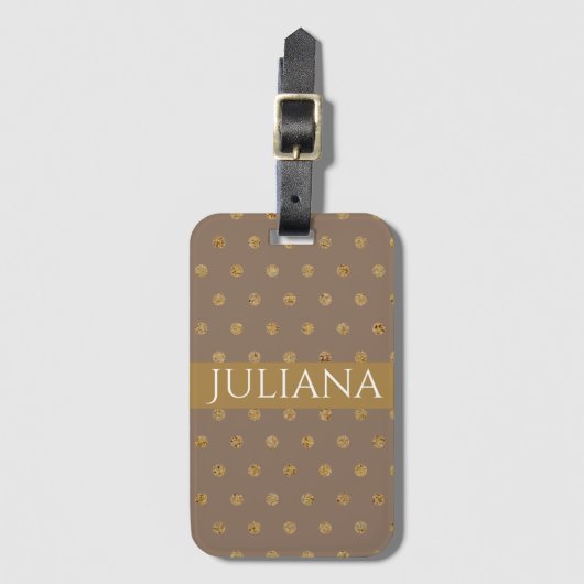 Modern Mocha Brown and Gold Polka Dots Gepäckanhänger (Vorderseite Vertikal)