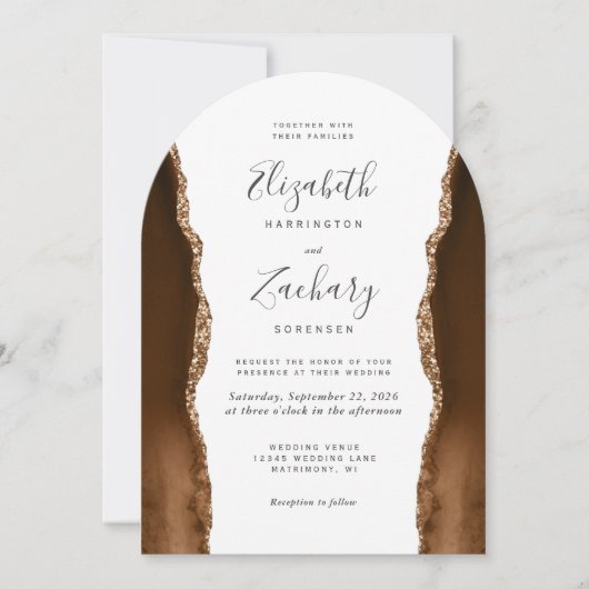 Modern Mocha Brown Gold Agate Arch Form Hochzeit Einladung (Vorderseite)