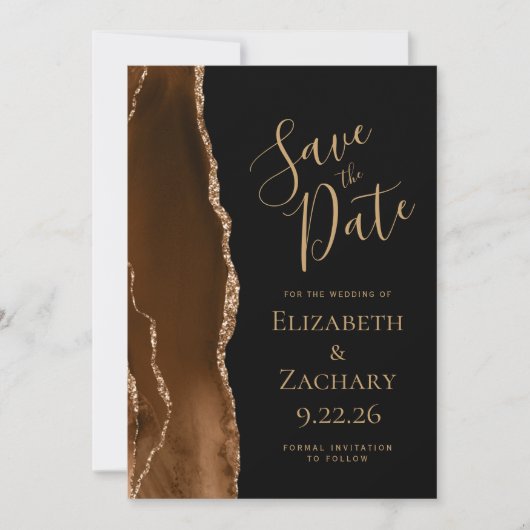 Modern Mocha Brown Gold Agate Black Save the Date (Vorderseite)