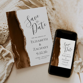 Modern Mocha Brown Gold Agate Save the Date