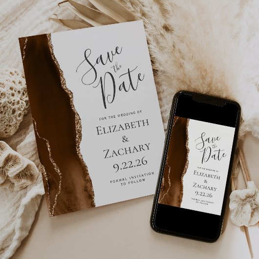 Modern Mocha Brown Gold Agate Save the Date