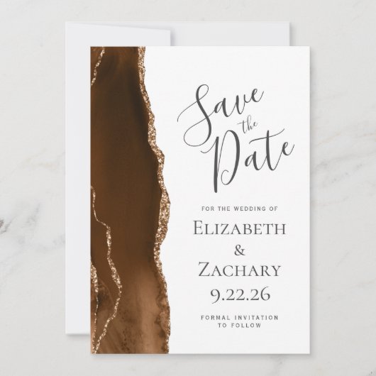 Modern Mocha Brown Gold Agate Save the Date (Vorderseite)