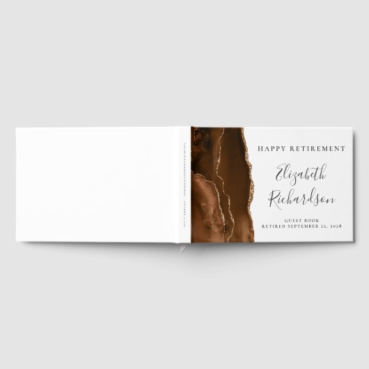 Modern Mocha Brown Gold Agate Script Retirement Gästebuch (Voll)