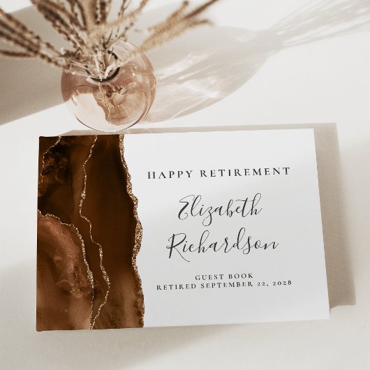 Modern Mocha Brown Gold Agate Script Retirement Gästebuch