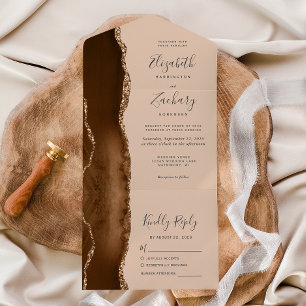 Modern Mocha Brown Gold Agate Tan Wedding All In One Einladung