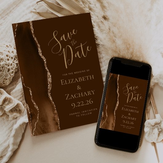 Modern Mocha Gold Agate Brown Save the Date