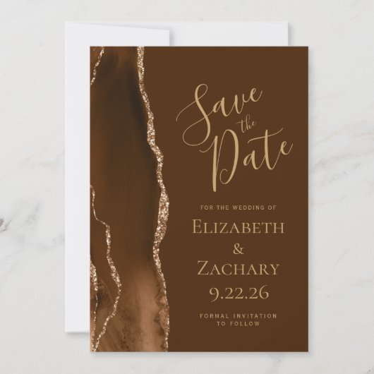 Modern Mocha Gold Agate Brown Save the Date (Vorderseite)