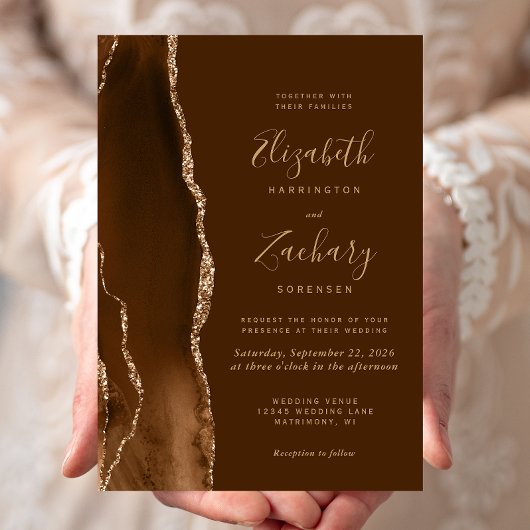 Modern Mocha Gold Agate Brown Wedding Einladung