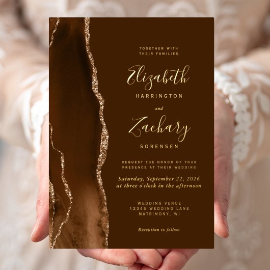 Modern Mocha Gold Agate Brown Wedding Folieneinladung