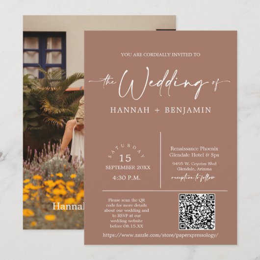 Modern Mocha Mousse Boho Arch QR Code Foto Einladung (Vorne/Hinten)