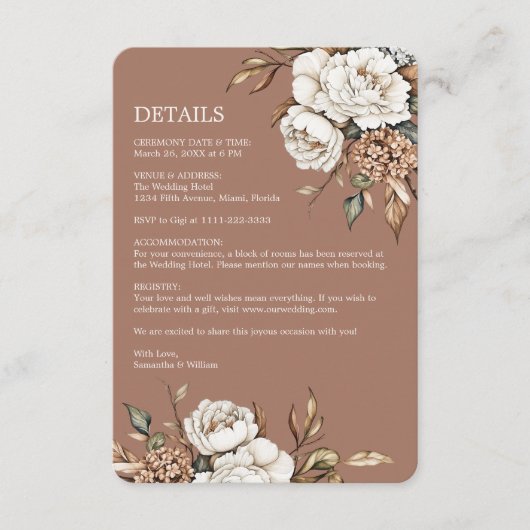 Modern Mocha Mousse Wedding Peony & Hydrangea Begleitkarte (Vorderseite)