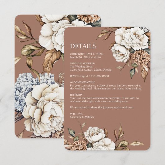 Modern Mocha Mousse Wedding Peony & Hydrangea Begleitkarte (Vorne/Hinten)