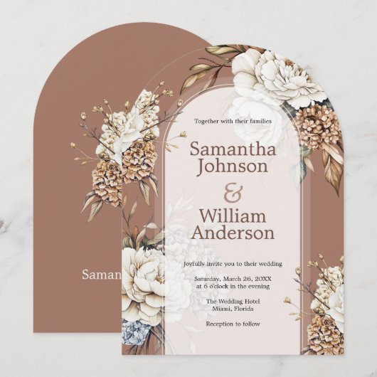 Modern Mocha Mousse Wedding Peony & Hydrangea Einladung (Vorne/Hinten)