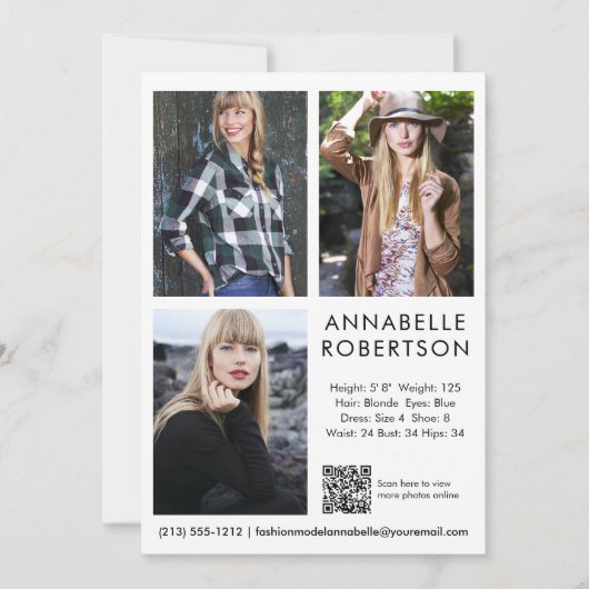 Modern Model Actor 3 Fotos QR Code Comp Card Einladung (Vorderseite)